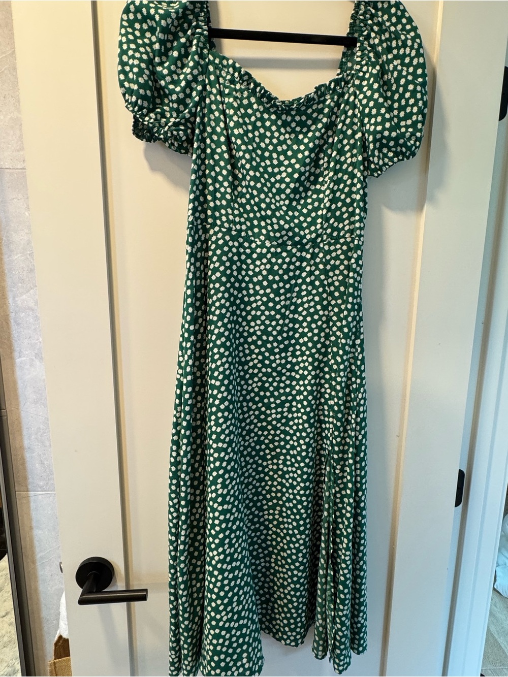 Green Puff-Sleeve Polka Dot Midi Dress